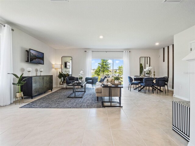 living room featuring light tile patterned floors