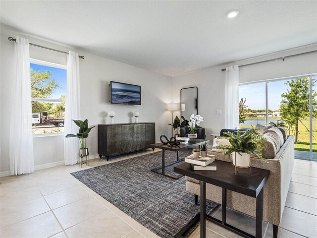 living room featuring light tile patterned floors