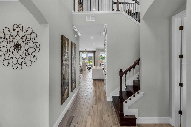 entrance foyer featuring light hardwood / wood-style flooring and a high ceiling