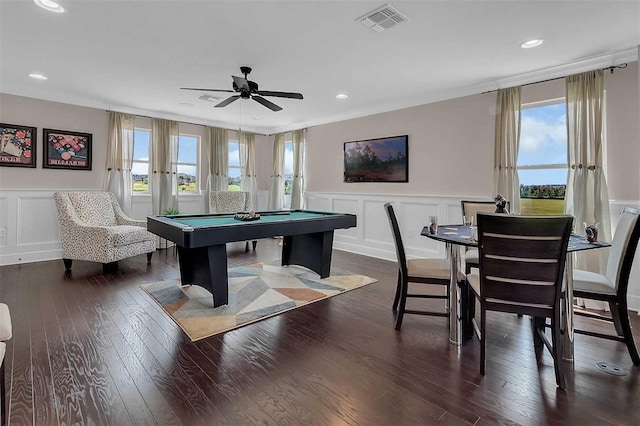 recreation room with dark wood-style floors, a wealth of natural light, billiards, and visible vents