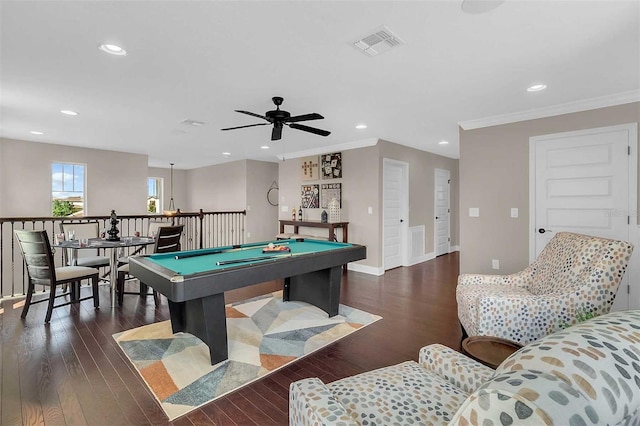 game room with dark wood-style floors, pool table, visible vents, and ornamental molding