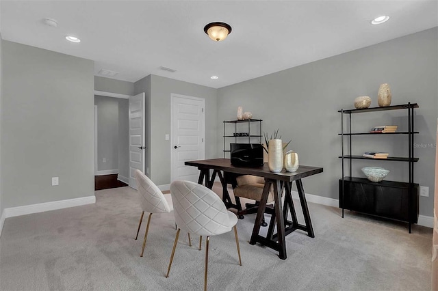 office area with recessed lighting, baseboards, and light colored carpet