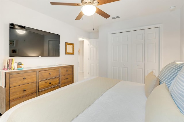 bedroom with ceiling fan and a closet