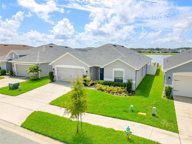 single story home featuring a garage, a water view, and a front lawn