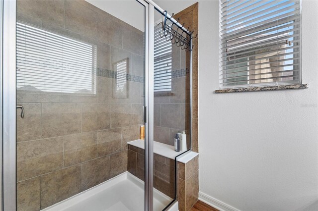 bathroom with an enclosed shower and a healthy amount of sunlight