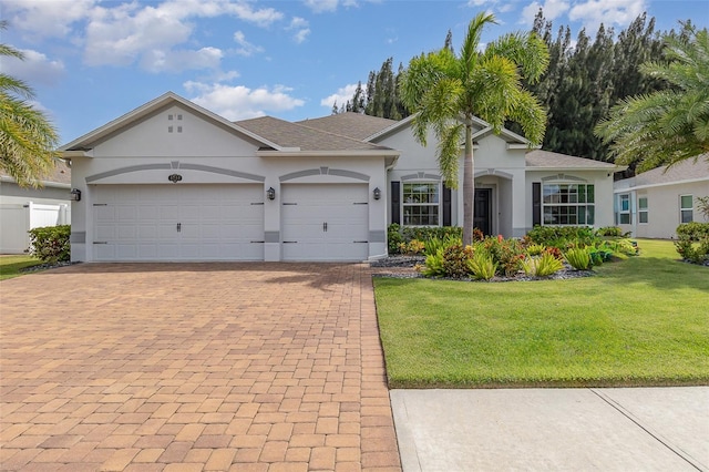 ranch-style house featuring a garage and a front lawn