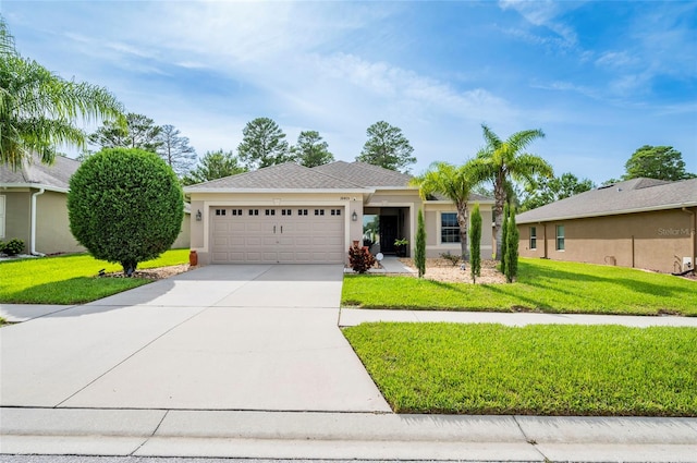 view of front of property featuring a front lawn and a garage