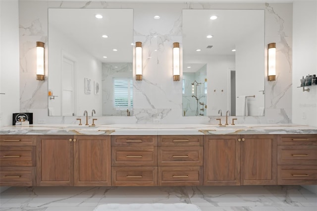 bathroom featuring walk in shower and vanity