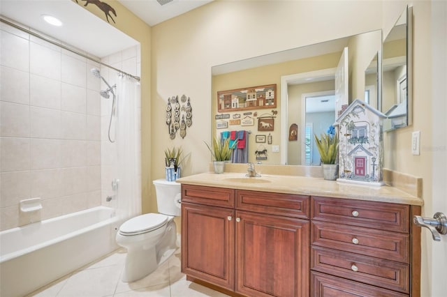 full bathroom featuring tile patterned flooring, shower / bath combo, vanity, and toilet