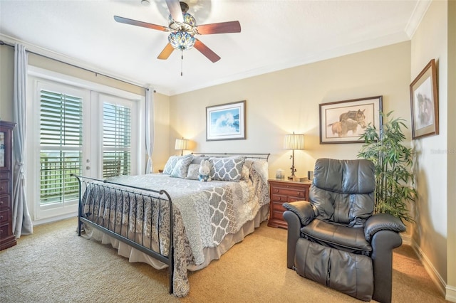 bedroom with light carpet, ornamental molding, ceiling fan, and access to outside