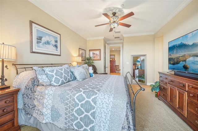 bedroom with ceiling fan, light colored carpet, and crown molding