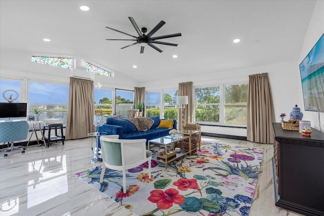 living room featuring vaulted ceiling and ceiling fan