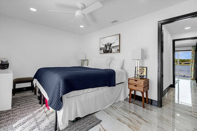 bedroom featuring ceiling fan and access to outside