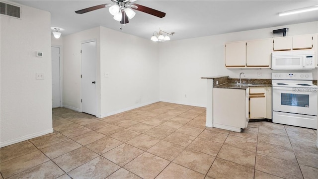 kitchen featuring ceiling fan, sink, white appliances, and white cabinets