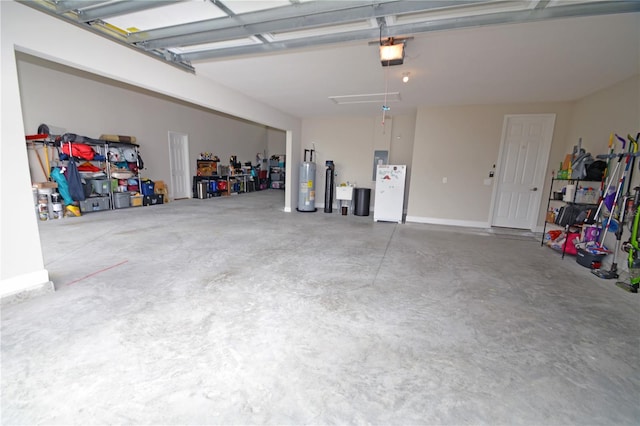 garage featuring a garage door opener and water heater