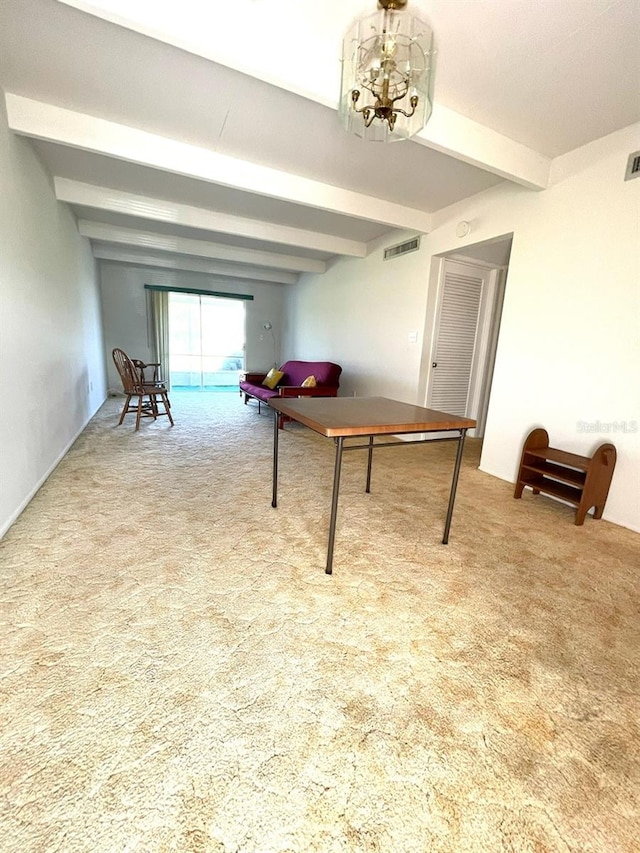 playroom featuring beamed ceiling, carpet flooring, visible vents, and a chandelier