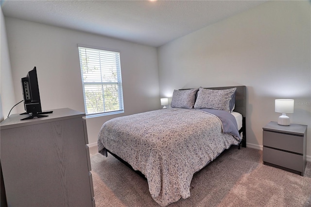 bedroom featuring a textured ceiling and carpet floors