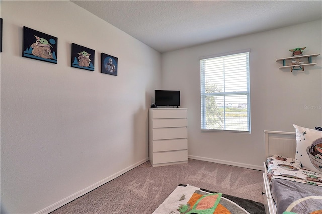 bedroom with a textured ceiling and carpet floors