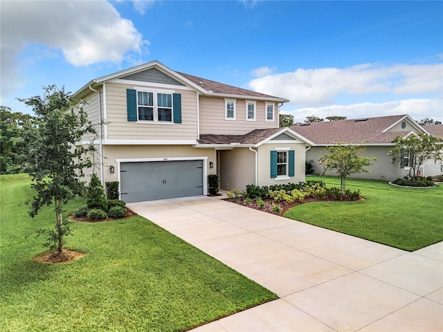 8060 Cherrystone St, Leesburg, FL 34748 - view of front of home with driveway, stucco siding, an attached garage, a front yard, and roof with shingles