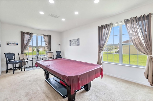 game room featuring a wealth of natural light, light colored carpet, and pool table