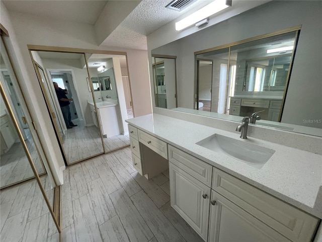 bathroom with hardwood / wood-style flooring, a textured ceiling, and vanity