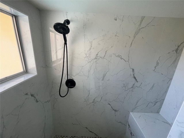 bathroom with tiled shower and a healthy amount of sunlight