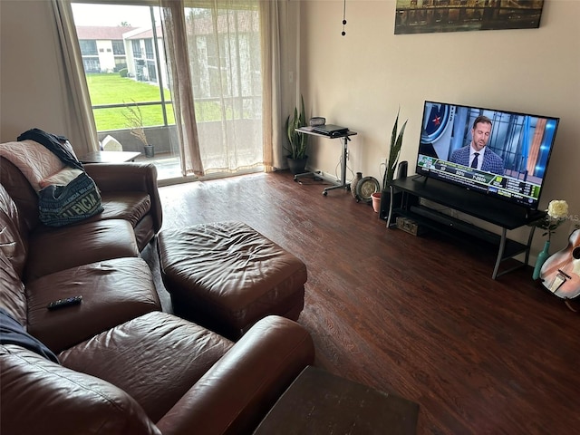 living room with dark hardwood / wood-style flooring