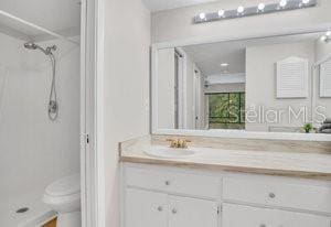 bathroom featuring a shower, vanity, and toilet