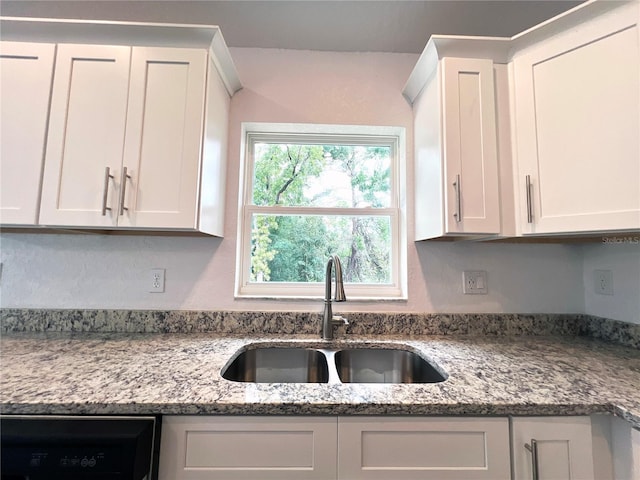 kitchen with light stone countertops, sink, white cabinetry, and dishwasher