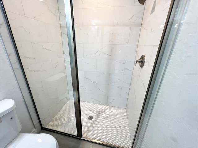 bathroom with toilet and a stall shower
