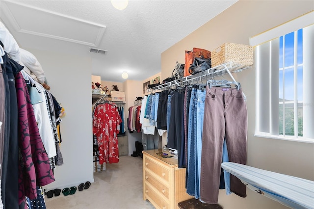 spacious closet featuring light carpet