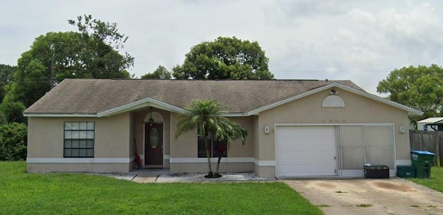 single story home featuring a front lawn, an attached garage, concrete driveway, and stucco siding
