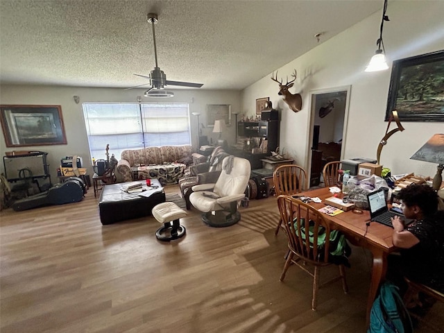 living room featuring wood finished floors, a textured ceiling, and a ceiling fan