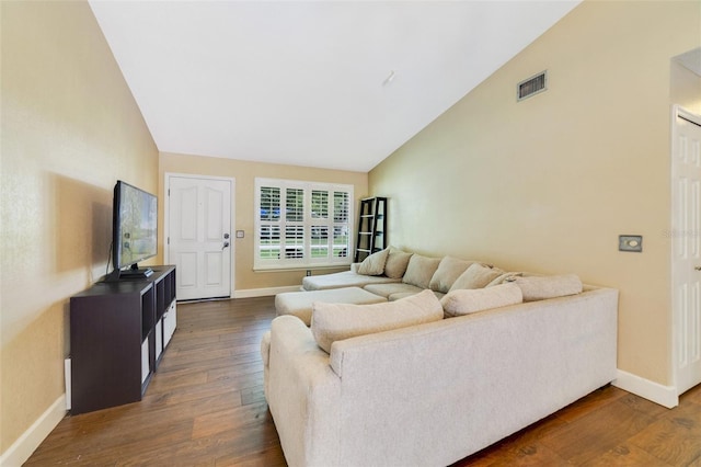 living room featuring visible vents, high vaulted ceiling, baseboards, and dark wood-style flooring