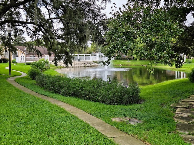 view of community featuring a water view and a yard