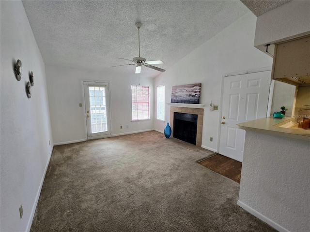 4401 Thornbriar Ln Unit 202, Orlando, FL 32822 - unfurnished living room featuring a textured ceiling, carpet flooring, ceiling fan, a tiled fireplace, and vaulted ceiling
