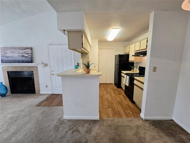 4401 Thornbriar Ln Unit 202, Orlando, FL 32822 - kitchen featuring black appliances, under cabinet range hood, light countertops, light carpet, and a textured ceiling