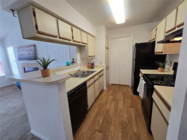 4401 Thornbriar Ln Unit 202, Orlando, FL 32822 - kitchen featuring under cabinet range hood, black appliances, light countertops, a sink, and a peninsula