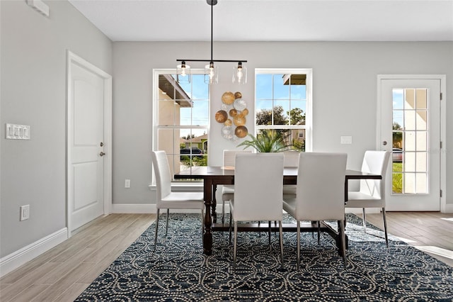 dining space with a notable chandelier and hardwood / wood-style flooring