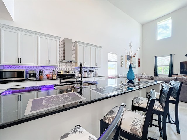 kitchen with a healthy amount of sunlight, backsplash, stainless steel appliances, and wall chimney range hood