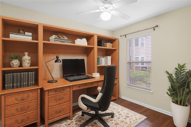 office area featuring dark hardwood / wood-style flooring, a healthy amount of sunlight, and ceiling fan