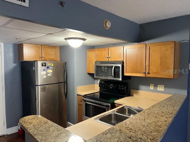 kitchen with appliances with stainless steel finishes, kitchen peninsula, and sink