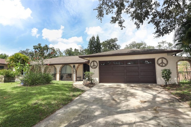 ranch-style house with a front yard and a garage