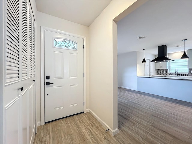 entryway featuring sink and hardwood / wood-style flooring