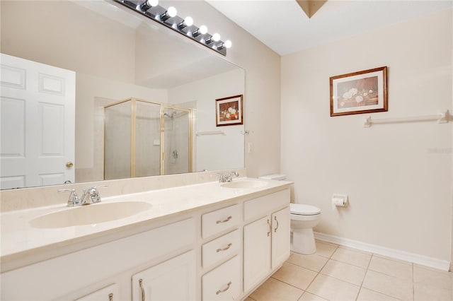 bathroom featuring vanity, toilet, a shower with door, and tile patterned floors