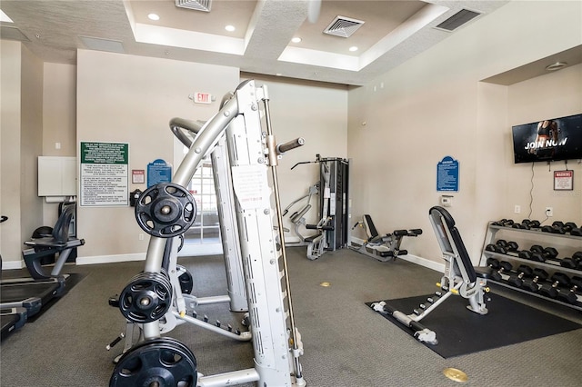 exercise room featuring a raised ceiling