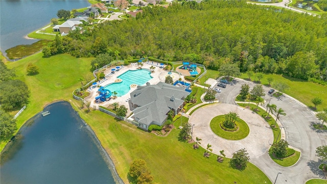 drone / aerial view featuring a water view