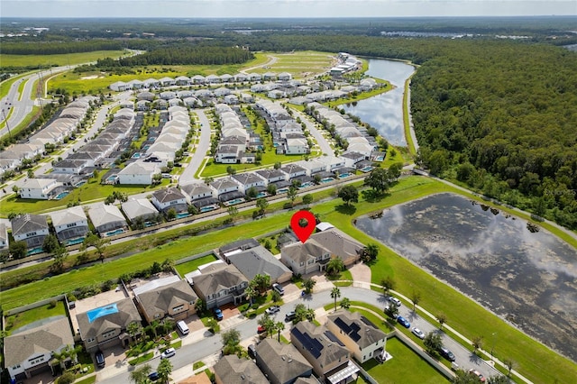 aerial view featuring a residential view and a water view