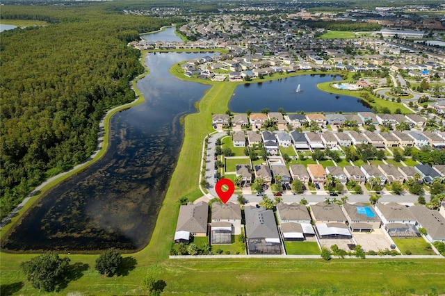 aerial view featuring a residential view and a water view