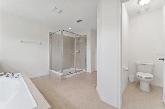 full bath with tile patterned floors, visible vents, toilet, a garden tub, and a shower stall